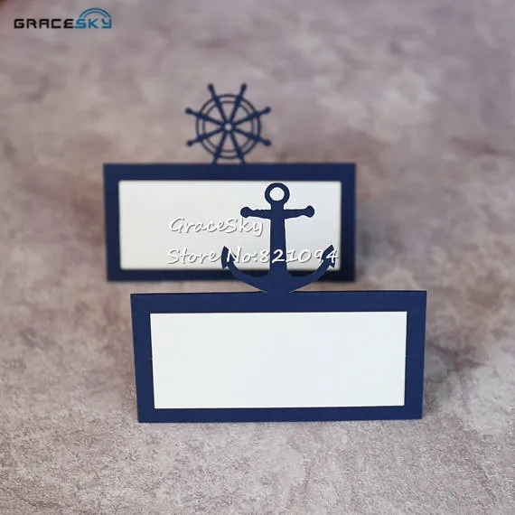 50pcs Free Shipping Laser Cut Nautical Anchor Ship Wheel tent Paper Place Name Seat Wedding Invitation Table Card Wedding Party