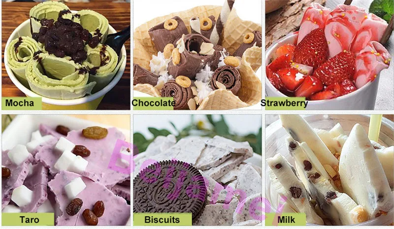 BEIJAMEI เครื่องม้วนไอศกรีมทอดคอมเพรสเซอร์คู่ / เครื่องทอดโยเกิร์ต / เครื่องทอดไอศกรีมกระทะกลม