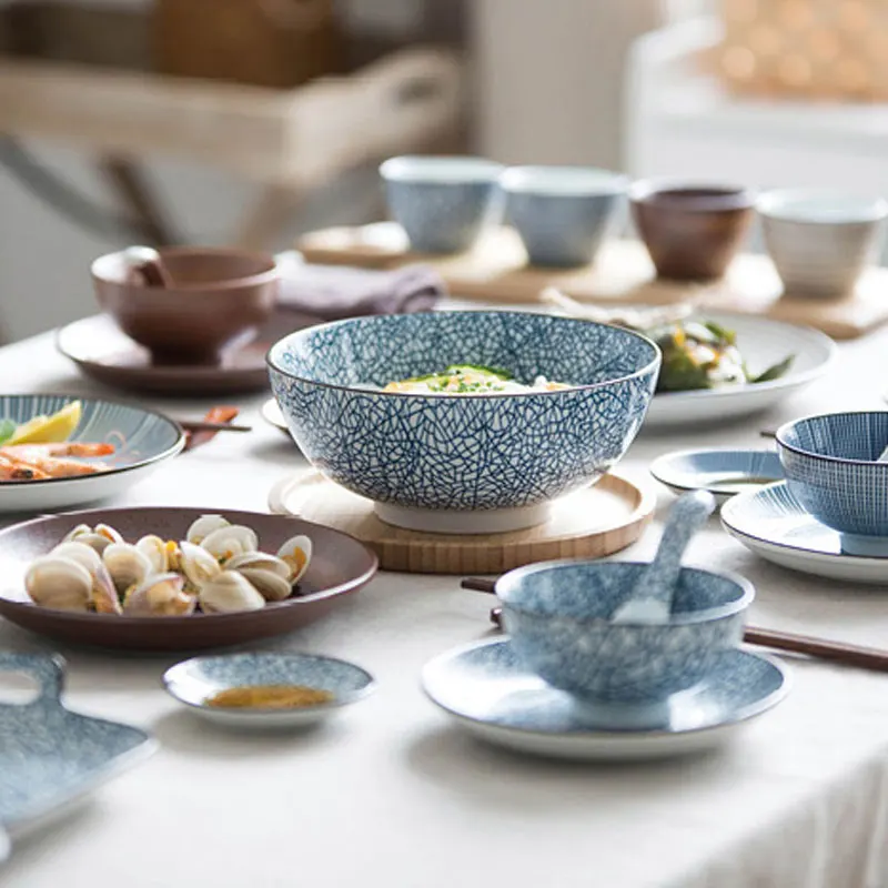 KINGLANG Japanese Style Classical Ceramic Blue And White Kitchen Rice Bowl Big Ramen Soup Bowl Spoon Small Tea Tableware