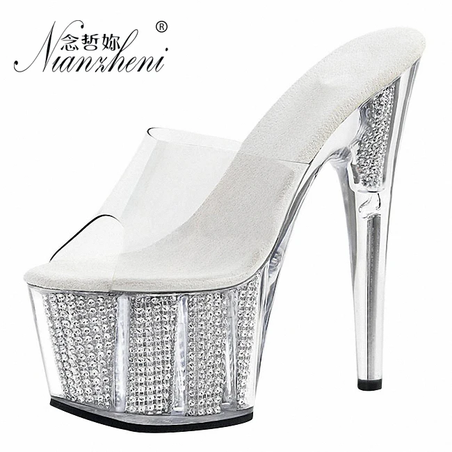 

Peep Toe 6 Inch High Stripper Heels Big Size Crossdresser Wedding Women Shoes 15CM Platform Slippers Bride Transparent Silvery