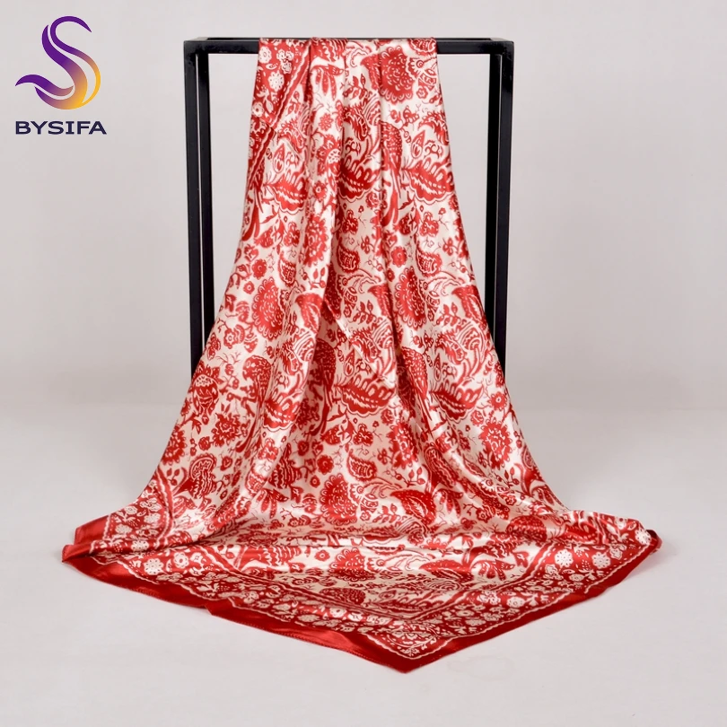 [BYSIFA] Women Scarf Hijab New Watch Chain Design Red Silk Square Scarf Shawl Cachecol Ladies Head Scarf Neck Scarf Cape Foulard