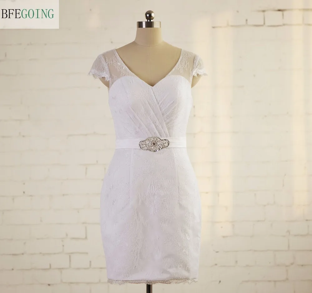 

White Lace Sheath Knee-Length Formal Bridesmaid Dress Cap Sleeve Beading V-Neck Real/Original Photos Custom Made