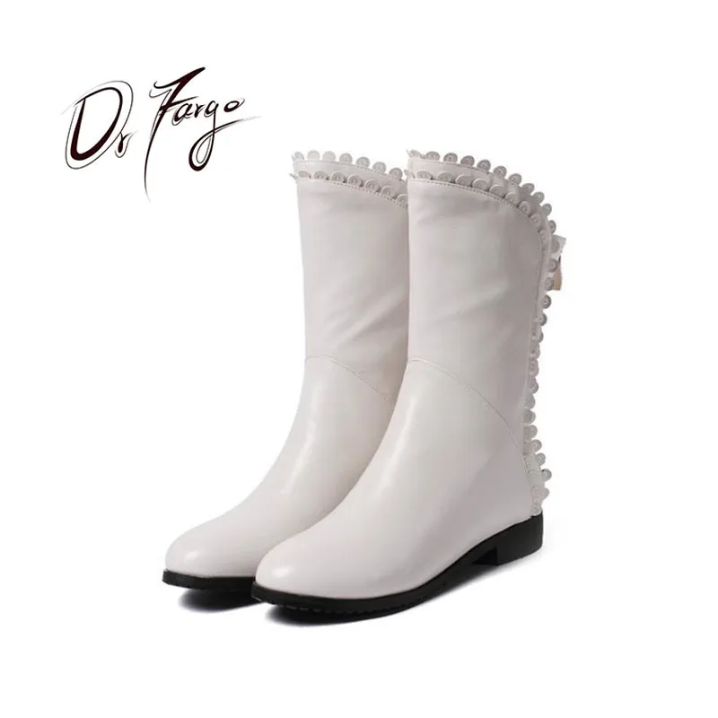 

DRFARGO Genuine Leather Shoes Women Spring Winter White Boots Flat Heel Mid calf High Black Boots Lace back zipper size 34-39