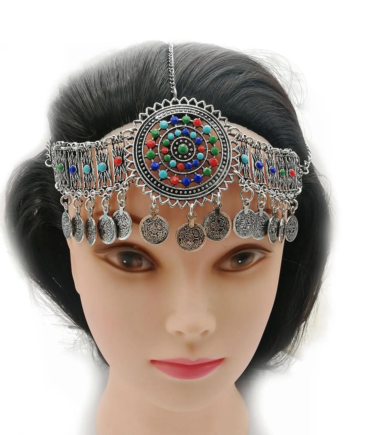 Pakistan Ethnic Colorful Bead Coin Headpiece Necklace Earrings Bracelet Set for Women Afghan Indian Moroccan Traditional Jewelry