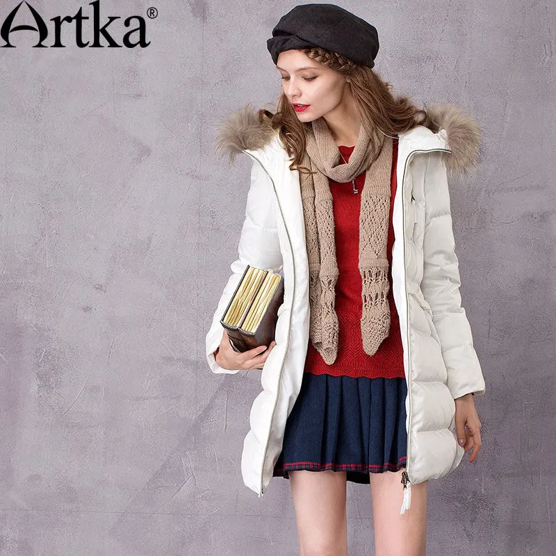 ARTKA Women\'s Mid-Length Down Coat With Raccoon Fur Hood With 90% Down Parka Female Long Winter Puffer Jacket ZK11669D