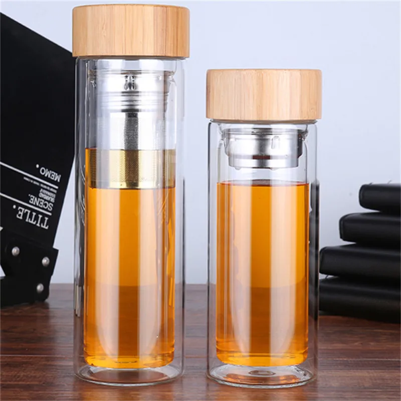 10pcs 350ml/450ml Bamboo lid Double Walled glass tea tumbler. Includes strainer and infuser basket LX0121