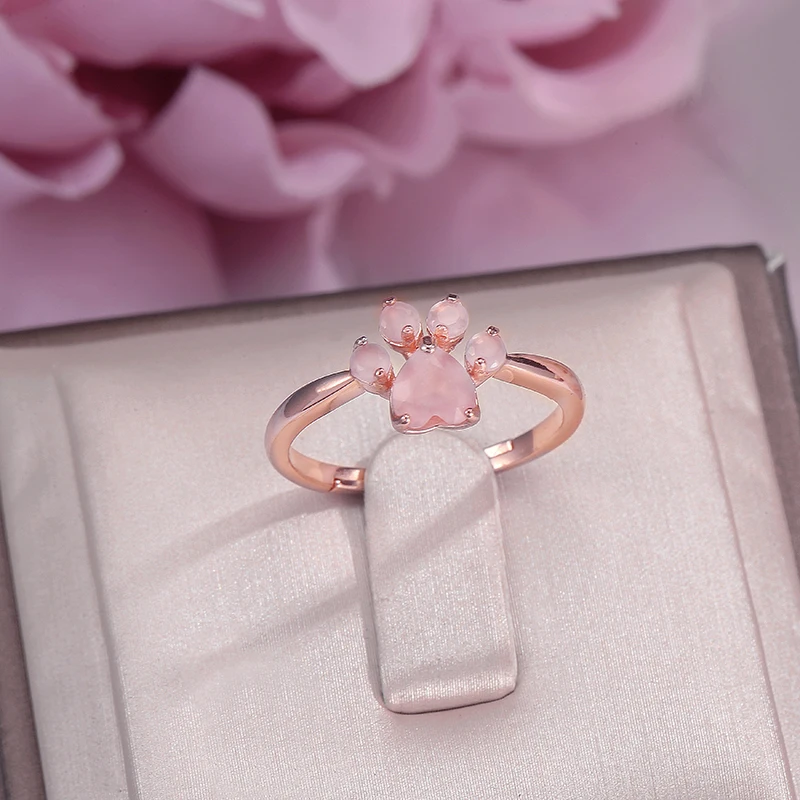 Fine Jewelry 925 Silver Sterling Rings For Women Rose Quartz Natural Bear's Paw Foot Gemstone Print Pink Lovely Ring CCRI027