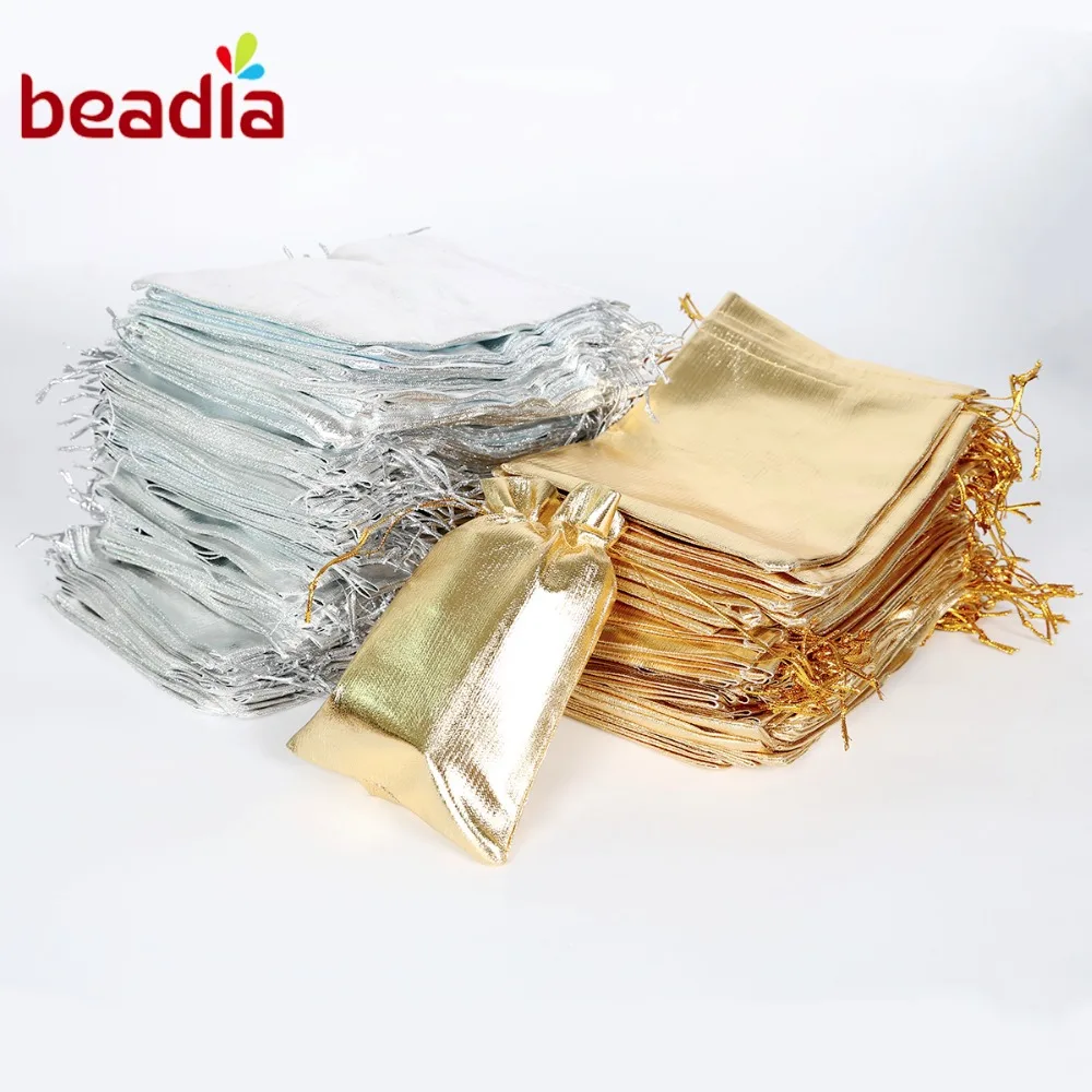 10pcs Gold Silver Color Organza Drawable 7x9 9x12 10x15 13x18 cm Christmas Wedding Candy Party Pouch Bag Gifts Jewelry Pouches