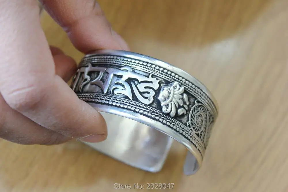 BR443 Tibetan Silver Wide Six Words Mantra Dorje Adjustable Bangle Cuff Handmade Nepal 25mm Wide Open Back Bracelet