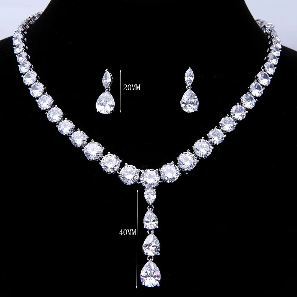 Luxury Brilliant Cubic Zirconia Clear Waterdrop And Cirrus fashion Style Wedding Bridal Earring Necklace jewelry set N0390