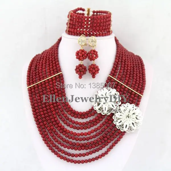 

Elegant Lady 10 Rows Red Coral Jewelry Set African Beads Coral Necklace Wedding Gift Bridesmaid Necklace Bridal Jewelry Sets