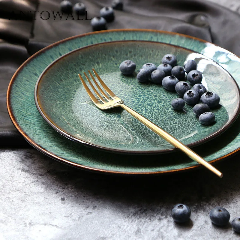 ANTOWALL-European Ceramic Tableware, Green Disc, Western Steak, Pasta Dish, Home Breakfast, Fruit Salad Plate, Porcelain