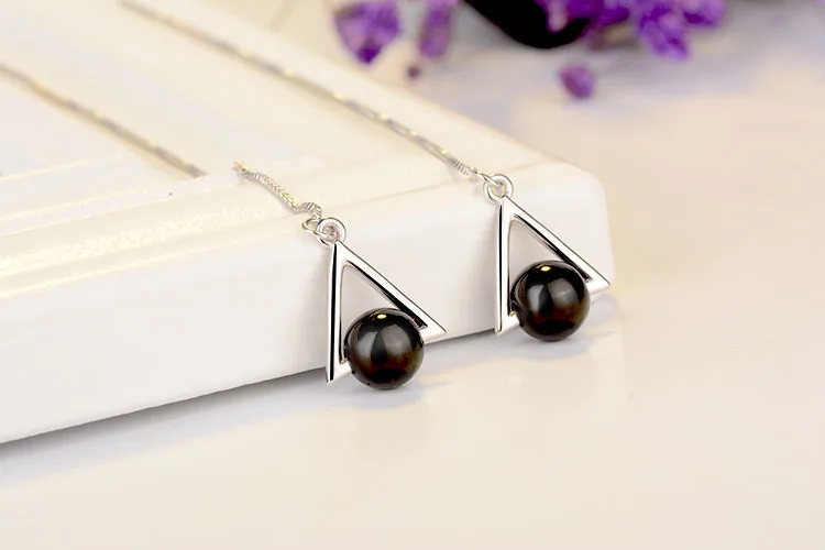 Beautiful Triangle Geometric 925 Sterling Silver Jewelry Long Exaggerated Natural Black Crystal Tassel Dangle Earrings Se315