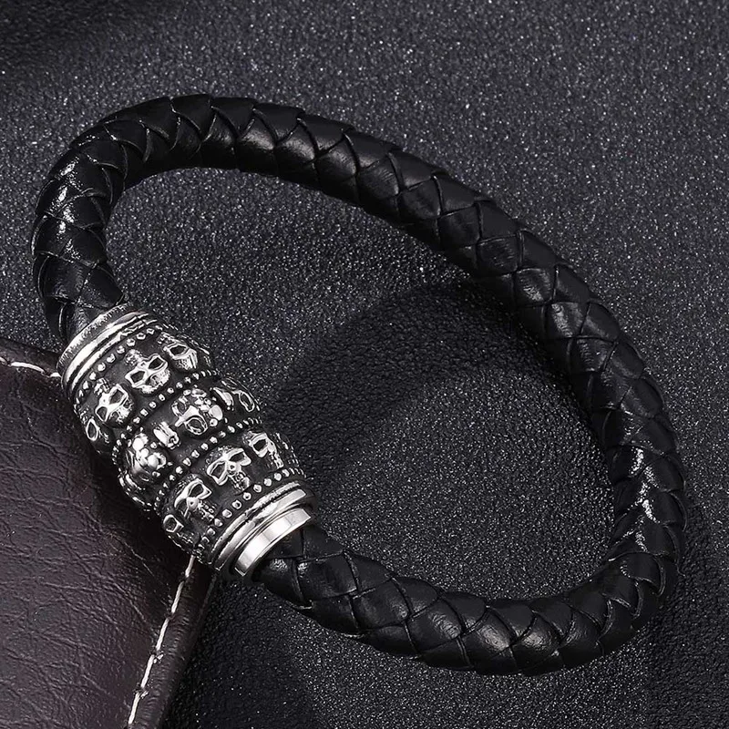 

Punk Skull Men Jewelry Braided Leather Bracelet Stainless Steel Magnetic Clasps Bangle Fashion Wristband BB0070