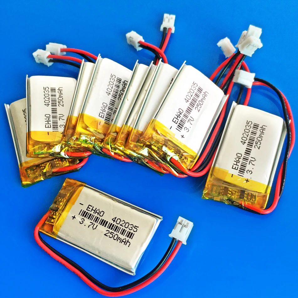 10 pcs 3.7V 250mAh Lithium Polymer Lipo Rechargeable Battery 402035 + JST 2.0mm Plug For MP3 GPS bluetooth headset video pen