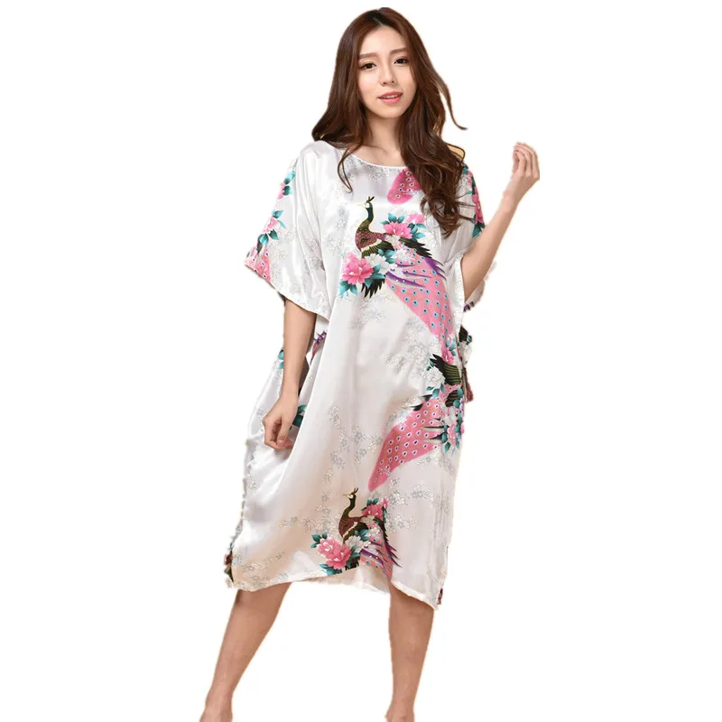 Hot Sale Chinese Women\'s Silk Sleepwear Robe Summer Lounge Home Dress Printed Peacock Yukata Nightgown J06