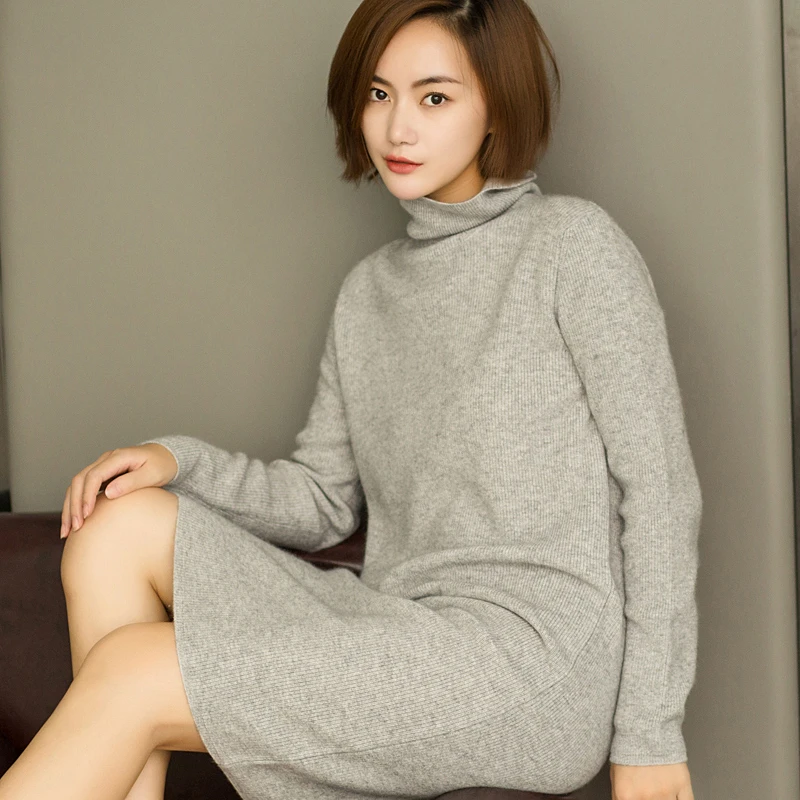 2019 100% pure cashmere sweater women soft  comfortable high collar lapel sweater dress female fashion long pullover