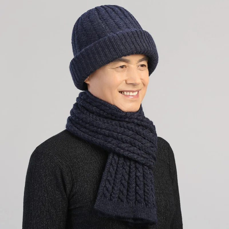 Old Man Hat Adult Middle Age Male Winter Knit Wool Cap Elderly Father Grandpa Birthday Present Warm Thicken Scarf Hats Set H7144