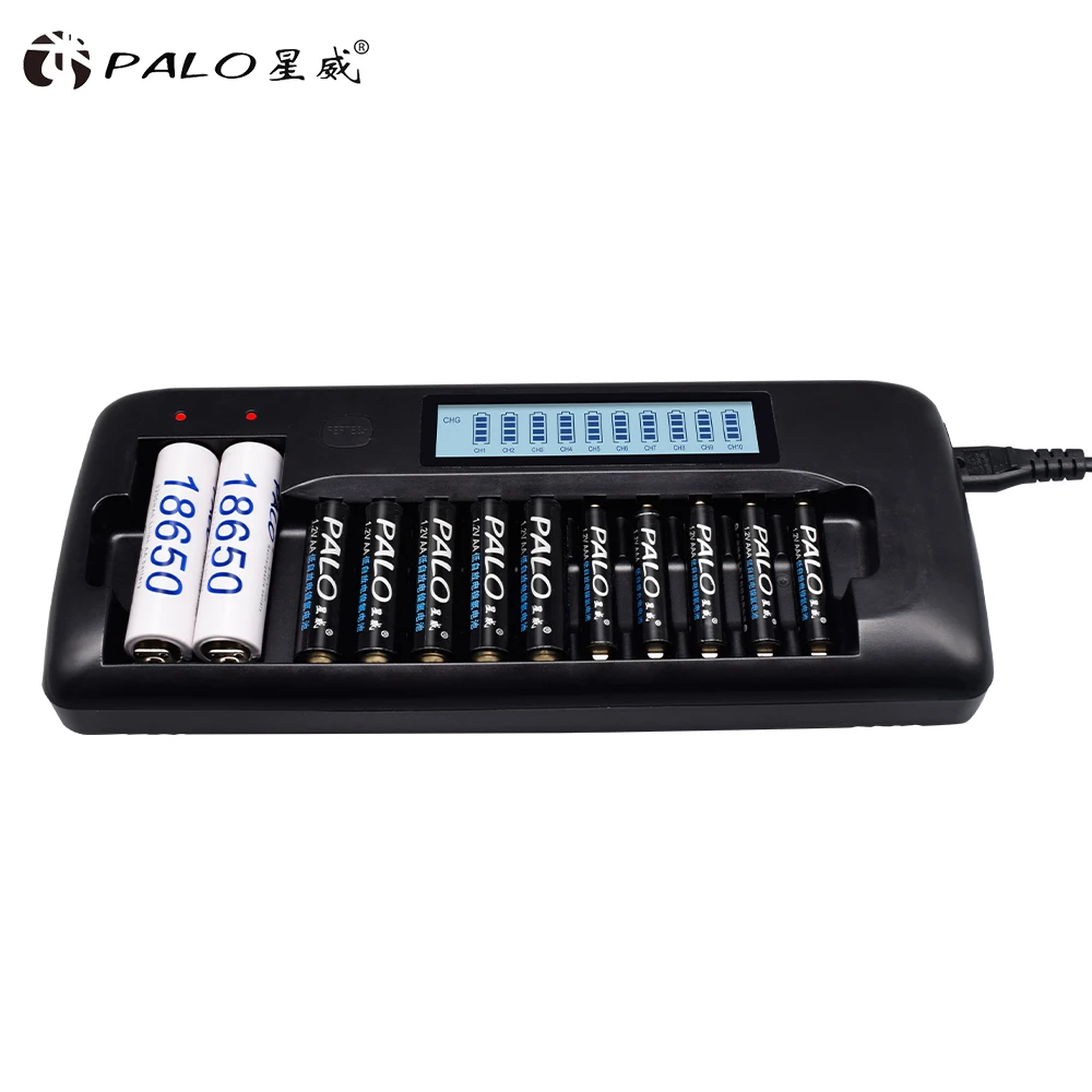 PALO-cargador inteligente LCD de 12 ranuras para batería recargable AA/AAA SC Ni-MH ni-cd, batería de iones de litio de 3,7 V 18650 18490 17670 17500 16340