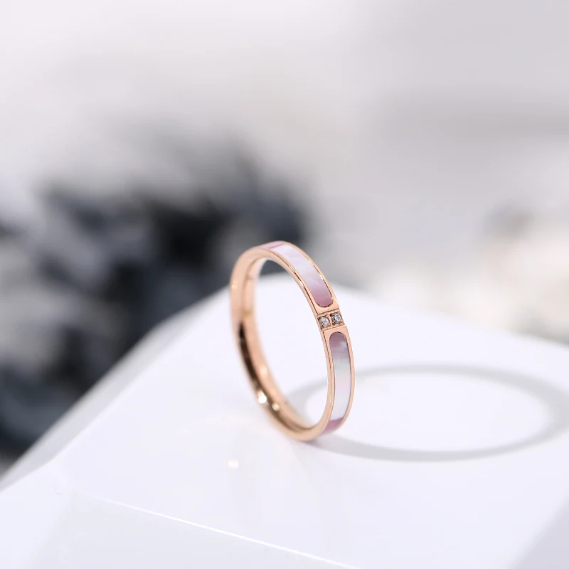 YUN RUO 2019 Fashion Pink Shell Zirconia Ring Couple Rose Gold Color Woman Birthday Gift Party Titanium Steel Jewelry Never Fade