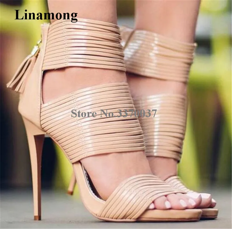 

New Fashion Women Summer Open Toe Nude Straps Gladiator Sandals Ankle Wrap High Heel Sandals Dress Shoes Back Zipper-up Shoes