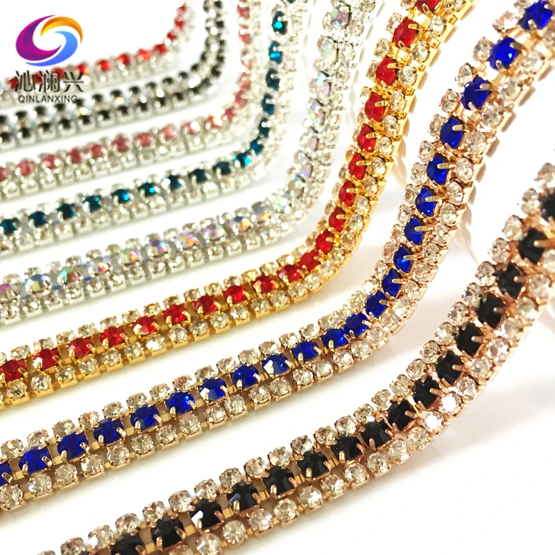 

1 yard high quality 3 Rows glass crystal Rhinestone Chain,gold/silver base sew on chains For diy Garment Bags decorations