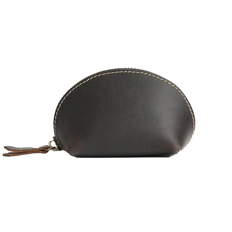 Handmade Vintage Men Shell Coin Purse Genuine Leather Zipper Pouch Mini Storage Bag Crazy Horse Leather Purse for Coins