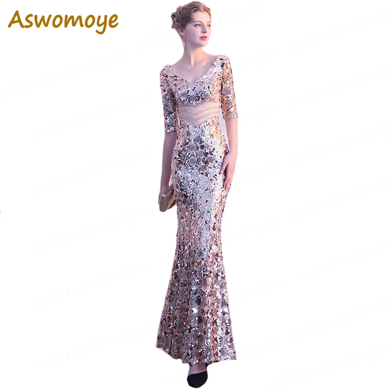 Shinning Sequin Long Evening Dress 2018 New Stylish Elegant Party Dresses Luxury Half Sleeve Appliques Prom Dress robe de soiree