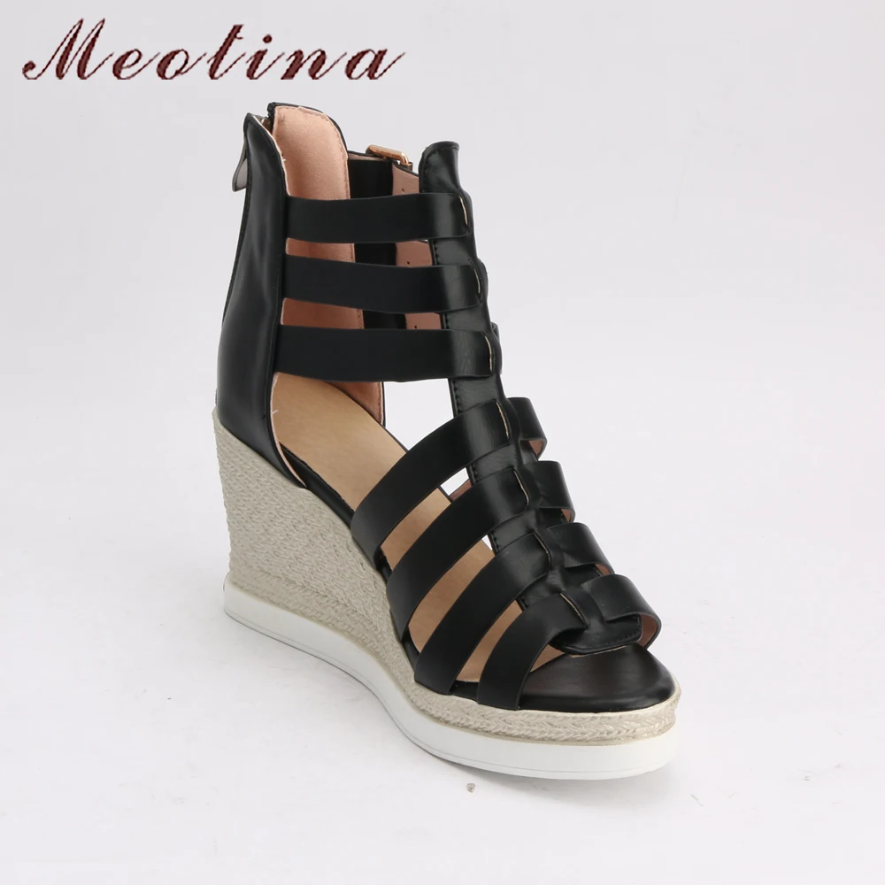Meotina Gladiator Shoes 2019 Women Shoes Platform Wedges High Heel Sandals Rome Ladies Wedge Heels Zip Black White Plus Size 10 image 3