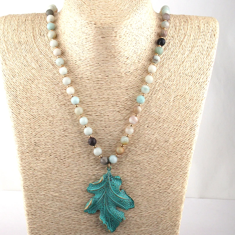 Free Shipping Fashion Amazonite Stone Bead Metal Blue leaf Pendant Necklaces