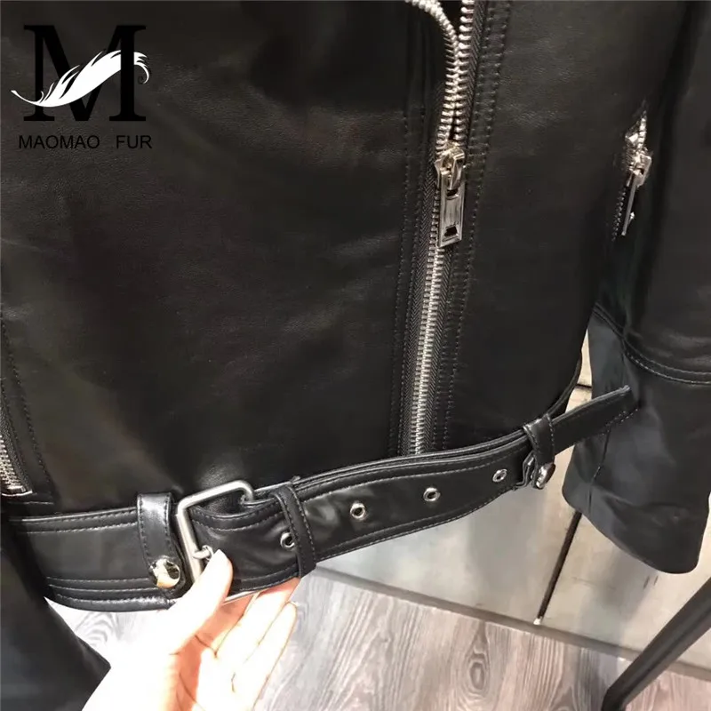 Fashion Genuine Leather Jacket Zippers Women Natural Sheepskin Coat Belt Lady Short Style Real Leather Coat for Women Spring