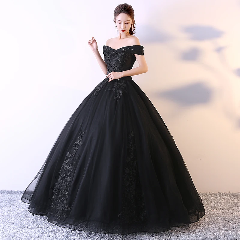 Vestido de quinceañera con hombros descubiertos, traje de quinceañera con apliques y cuentas, color negro, albaricoque, para baile de 15 años, 2019