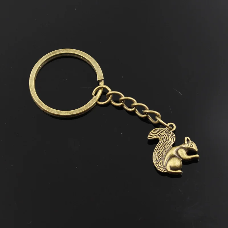 New Fashion Men 30mm Keychain DIY Metal Holder Chain Vintage Double Sided Squirrel 21x21mm Silver Color Pendant Gift