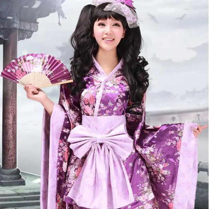 Vintage Traditional Female Silk Rayon Kimono Yukata With Obi Sexy Purple Japanese Women Evening Dress Halloween Cosplay Costume