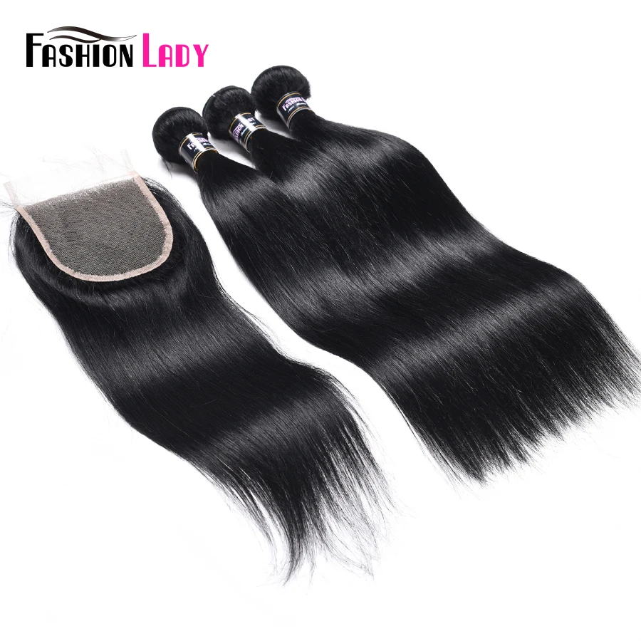 Jet Black Bone Straight Human Hair Bundles With Closure 4x4 Fashion Lady Brazilian Hair Weave 3 Bundles With Closure Non-remy