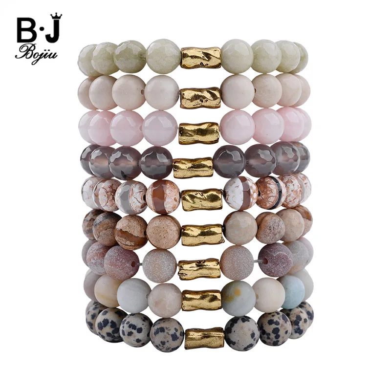 BOJIU Natural Stone Charm Bracelet Women 10mm Amazonite Agates Dalmation Jaspers Quartz Beads Gold Tube Bracelet Jewelry BC257