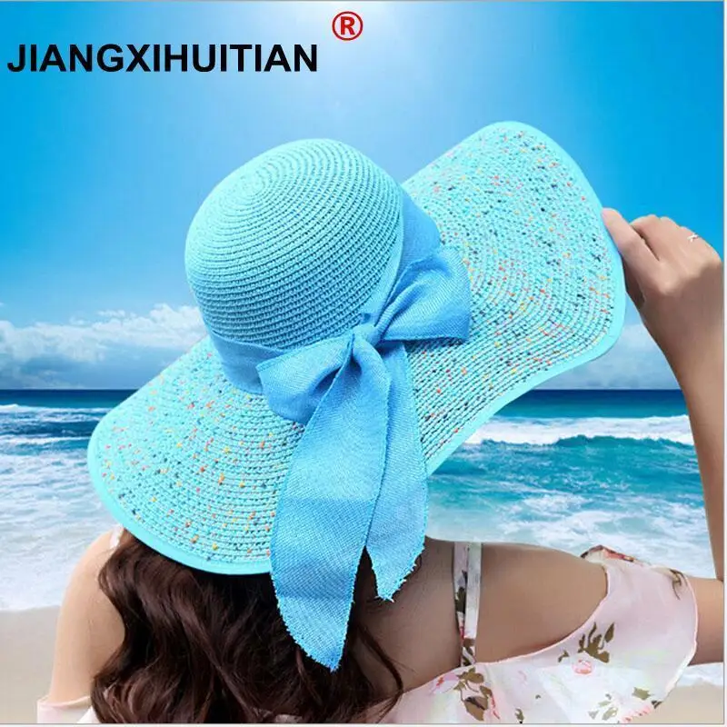 jiangxihuitian 2018 Summer Women\'s beach hats Caps Foldable Chiffon Floppy Sun Hats Casual Ladies sombreros bowknot hat Ladies