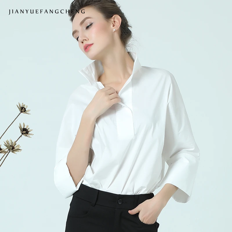 Blusa blanca de algodón para mujer, camisa tipo POLO con cuello levantado, manga de nueve cuartos, talla grande, vestido Formal elegante para oficina, Tops de trabajo