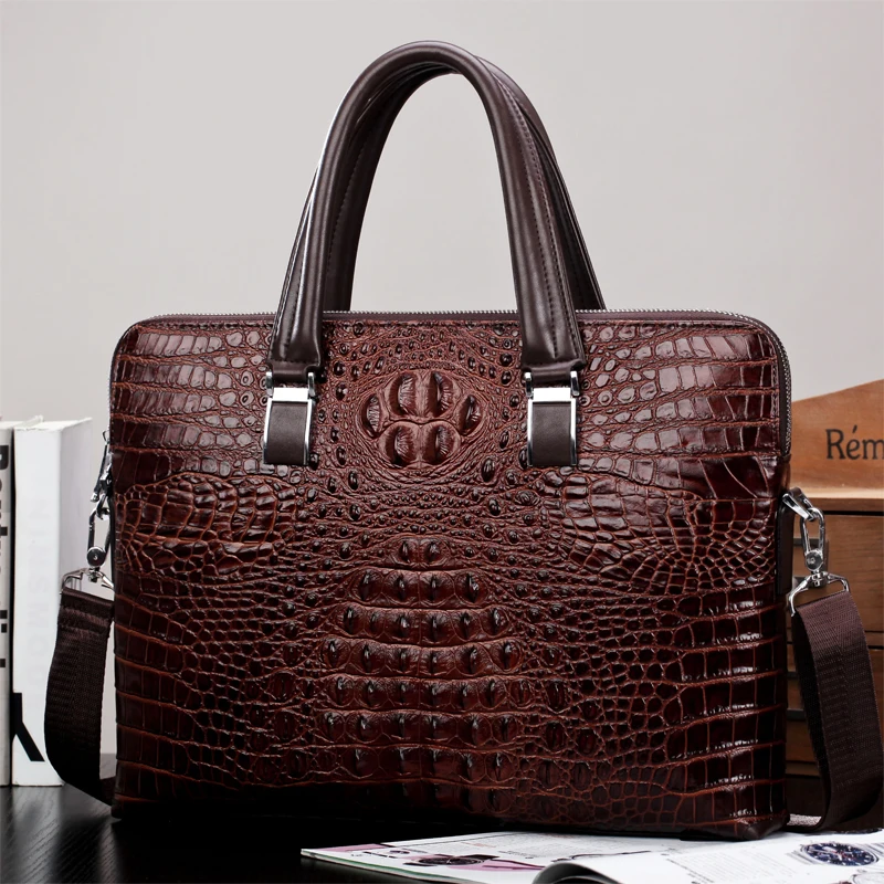 New Luxury 100% Cow Genuine Leather Business Men\'s Briefcase Male Shoulder Bag Alligator Messenger Bag Tote Computer Handbag