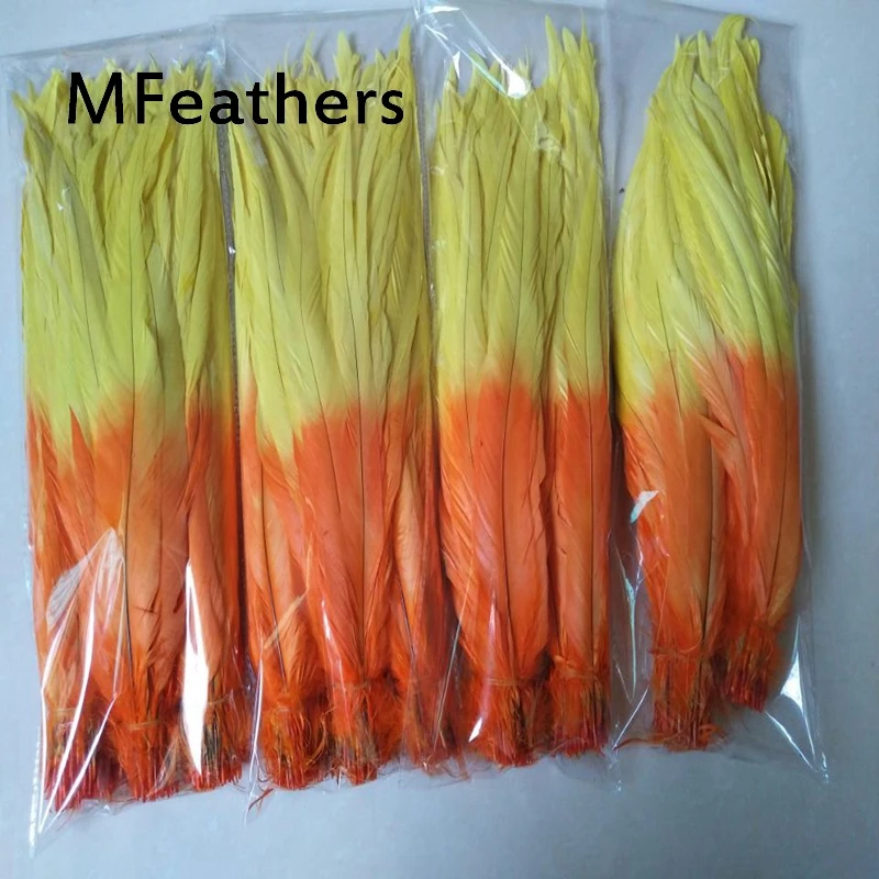 Wholesale 100pcs/lot Rooster tails Feather red tips with orange bottom Two tone dyed chicken feathers plumas for carnival decor.