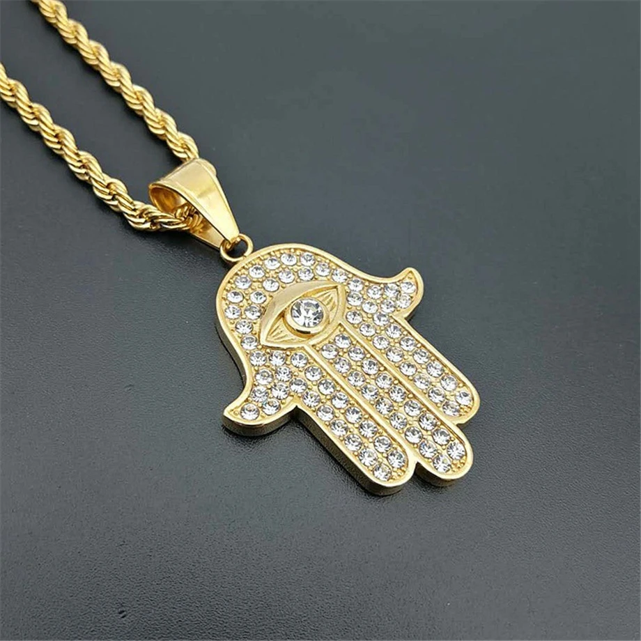 

Hamsa Hand of Fatima Necklace Pendant & Chain For Men Women's Gold Color Stainless Steel Palm Necklaces Turkish Jewelry Gift
