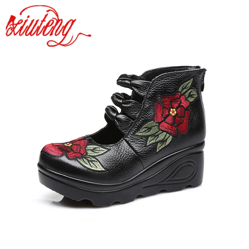 Xiuteng 2022 Women Flower andals Shoes Slope Casual Leather Shoes Fashion  Embroidered Ladies Vintage Waterproof Platform Shoes