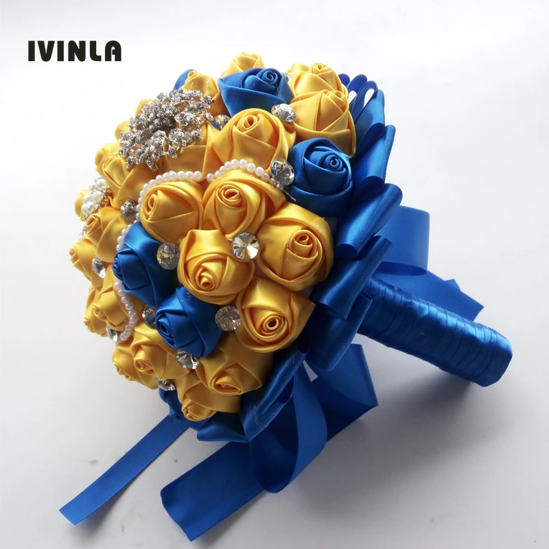 

Hot selling gold yellow and blue crystal bridal wedding bouquets for wedding decoration