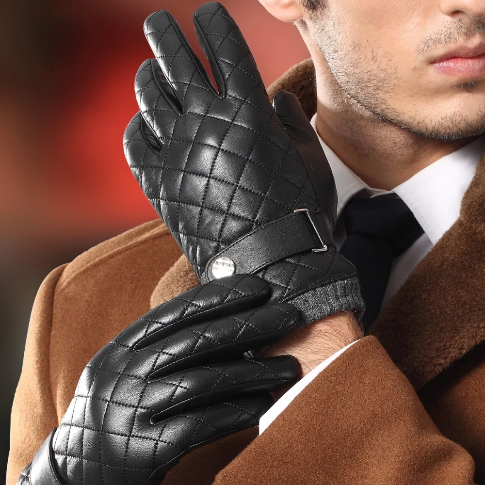 Genuine Leather Gloves Male Fashion Plaid Men Sheepskin Gloves Autumn Winter Warm Plush Lined Driving Glove 9005