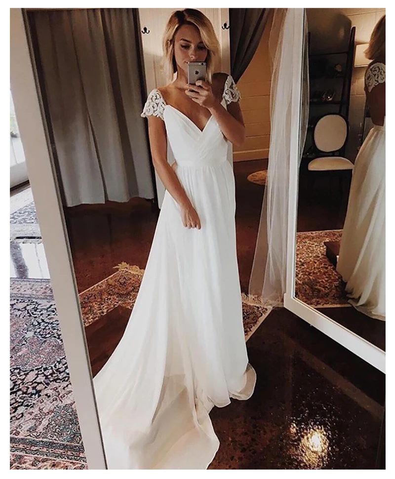 Mangas boné vestido de casamento 2022 v pescoço chiffon apliques sem costas praia vestido de noiva barato vestidos de casamento de alta qualidade personalizado