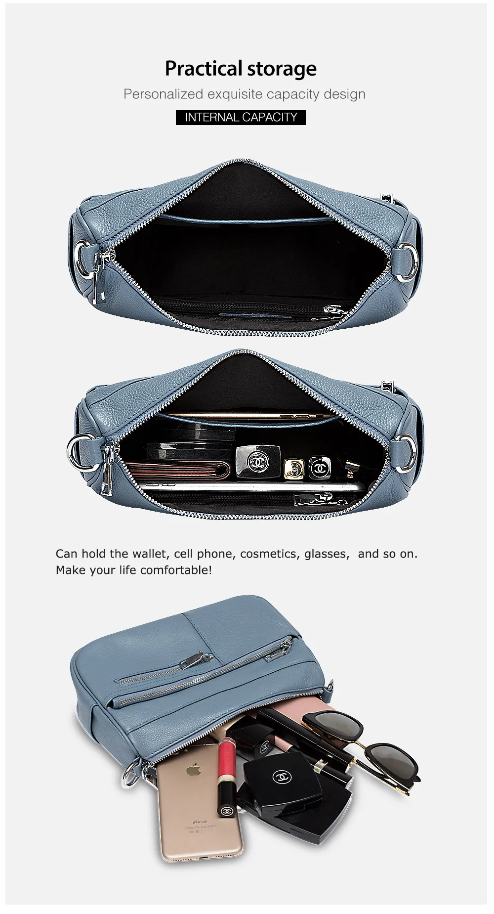 Zency Noble Damen Kleine Umhängetasche 100 % Echtleder Weiß Blau Mode Umhängetasche Geldbörse Beige Hobos Handtasche – Detail 5