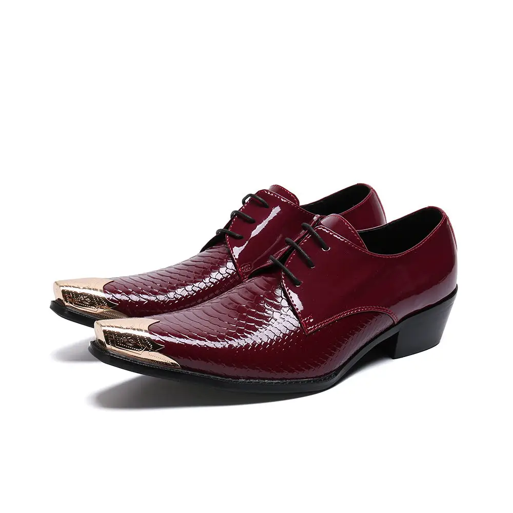 

Wine red patent genuine leather male mens shoes high heels gold steel toe lace up oxford dress sapato masculino size5-13