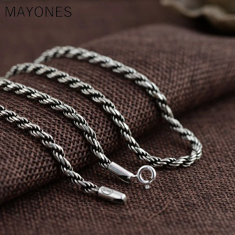 3mm Retro Twist Rope Chain Necklace for Men Women 925 Sterling Silver Necklace Mens Black Thai Silver Jewelry