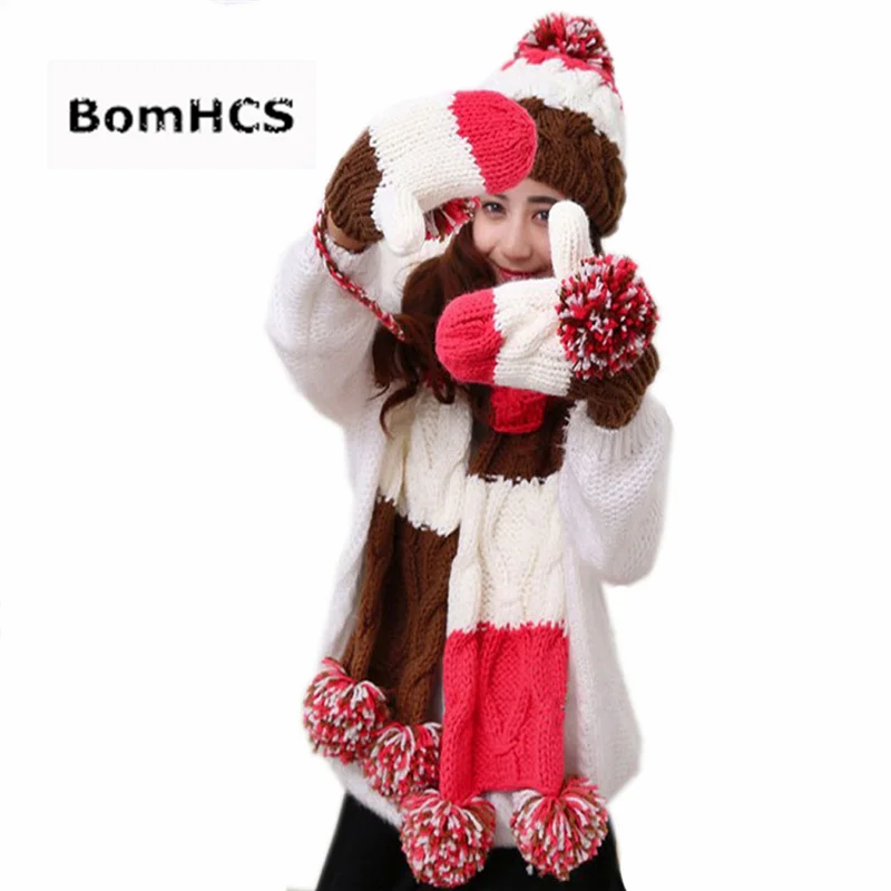 

BomHCS 3pcs Suit Neckerchief + Mittens+ Beanie Trichromatic Splicing Winter Handmade Knit Scarf Hat Gloves