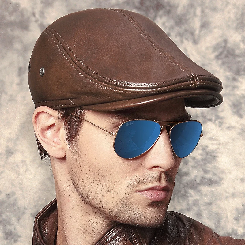 Men's Genuine Leather Hat Adult Middle-aged Leather Visors Cap Cowhide Beret Casual Cap Forward Winter Warm Cap B-8383